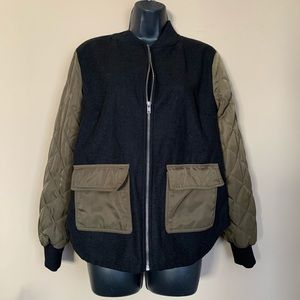 Black Bomber Jacket with Olive Green Quilted Sleeves